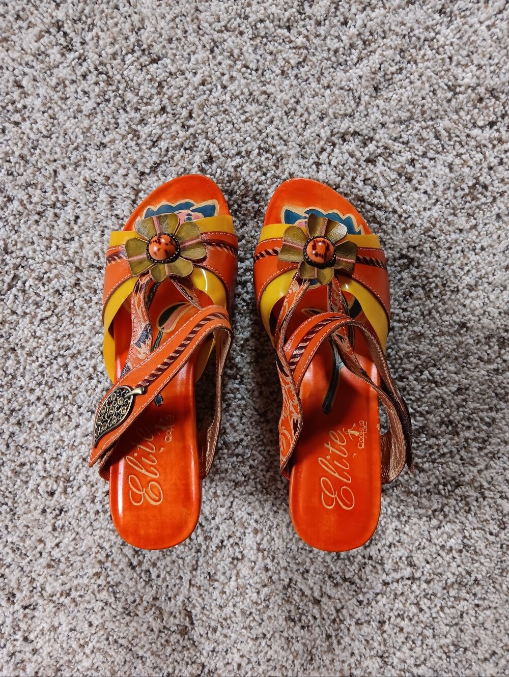Elite By Corkys Jeweled Orange Leather Heeled Sandals Size 8